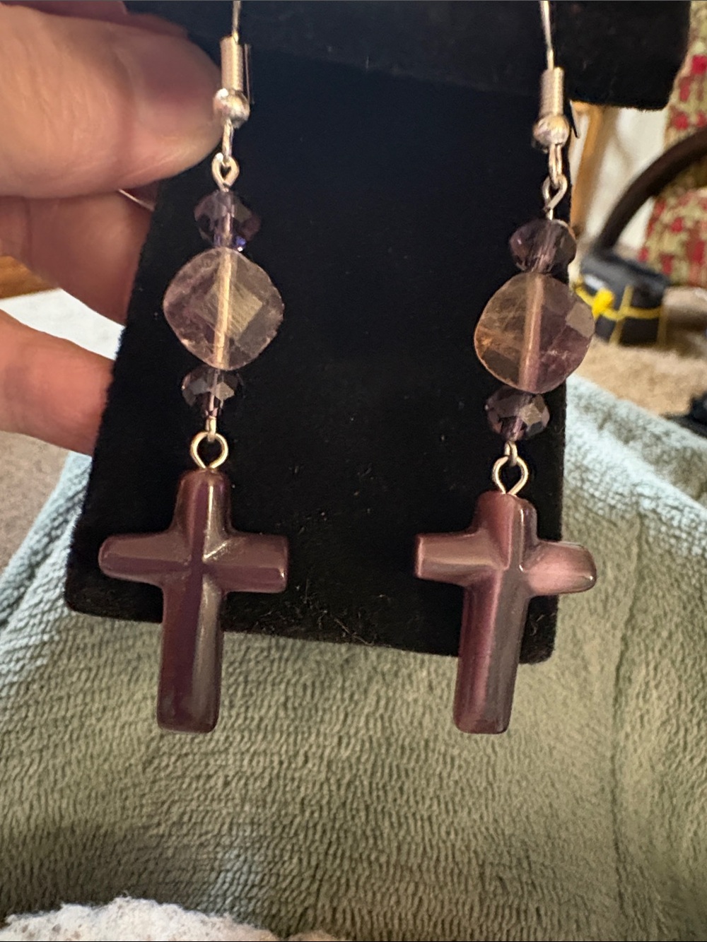 Hand Crafted Amethyst and Crystal Cross Dangle Earrings with Faceted Beads